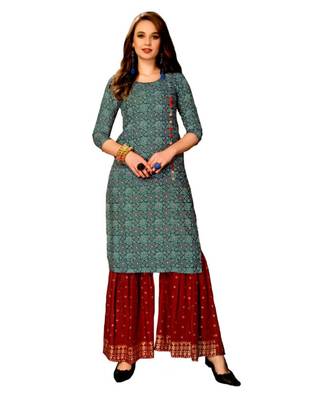 Blue Rayon block print embroidered kurta set 1
