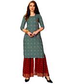 Blue Rayon block print embroidered kurta set