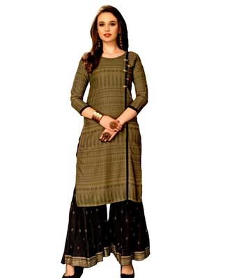 Gold Rayon block print embroidered kurta set 1