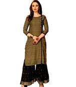 Gold Rayon block print embroidered kurta set