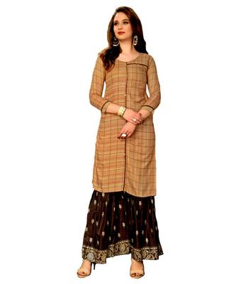 Brown Rayon block print embroidered kurta set 1