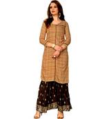 Brown Rayon block print embroidered kurta set