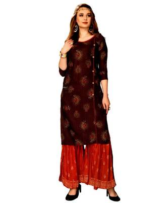 Maroon Rayon block print embroidered kurta set 1