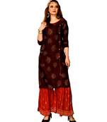 Maroon Rayon block print embroidered kurta set