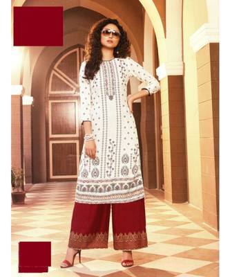 White Rayon block print embroidered kurta set 1