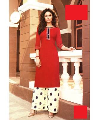 Red Rayon block print embroidered kurta set 1
