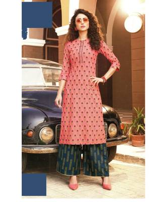 Peach Rayon block print embroidered kurta set 1