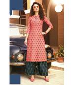 Peach Rayon block print embroidered kurta set