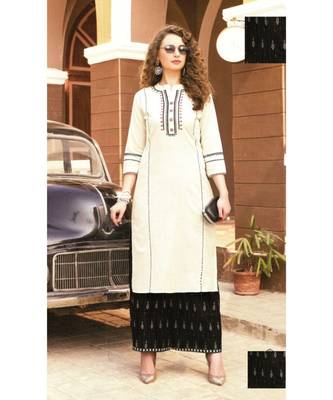 Cream Rayon block print embroidered kurta set 1
