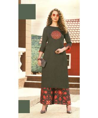 Green Rayon block print embroidered kurta set 1