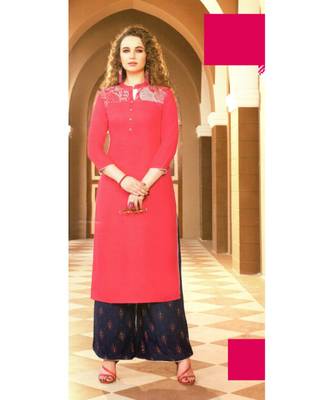 Peach Rayon block print embroidered kurta set 1