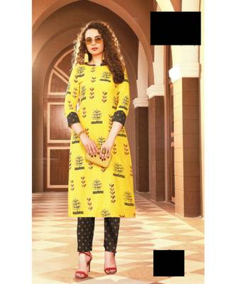 Yellow Rayon block print embroidered kurta set 1