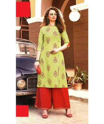 Green Rayon block print embroidered kurta set 1