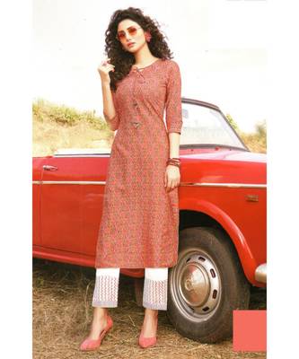 Peach Rayon block print embroidered kurta set 1