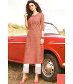 Peach Rayon block print embroidered kurta set