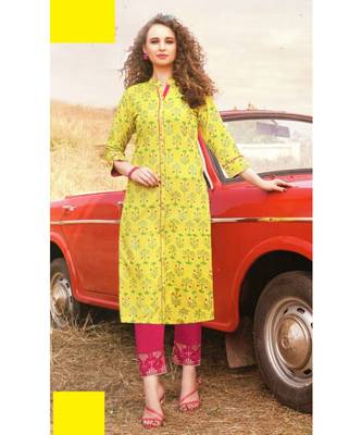 Yellow Rayon block print embroidered kurta set 1