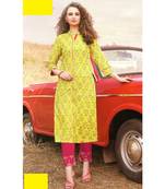 Yellow Rayon block print embroidered kurta set