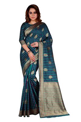 Purple And Rama Woven Banarasi Silk Checks Designer Saree With Unstitched Blouse 1