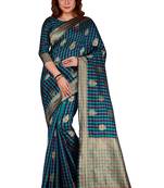 Purple And Rama Woven Banarasi Silk Checks Designer Saree With Unstitched Blouse