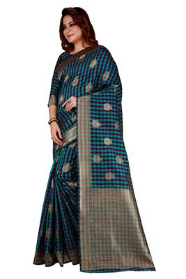 Purple And Rama Woven Banarasi Silk Checks Designer Saree With Unstitched Blouse 2