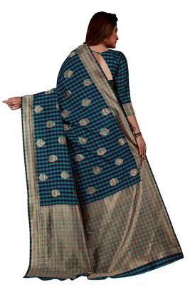 Purple And Rama Woven Banarasi Silk Checks Designer Saree With Unstitched Blouse 3