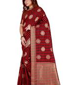 Black And Red Woven Banarasi Silk Checks Designer Saree With Unstitched Blouse