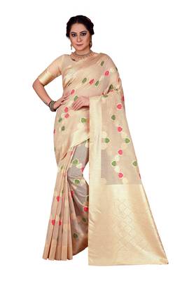 Beige Woven Chanderi Silk Designer Saree With Unstitched Blouse 1