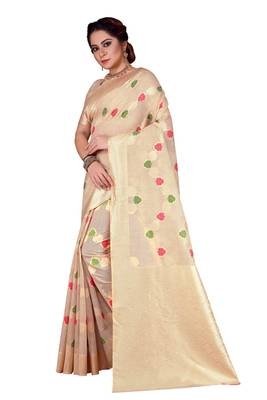 Beige Woven Chanderi Silk Designer Saree With Unstitched Blouse 2