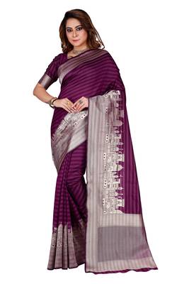 Purpel Woven Pure Silk Striped Designer Saree With Unstitched Blouse 1