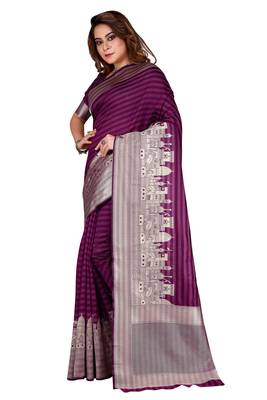 Purpel Woven Pure Silk Striped Designer Saree With Unstitched Blouse 2