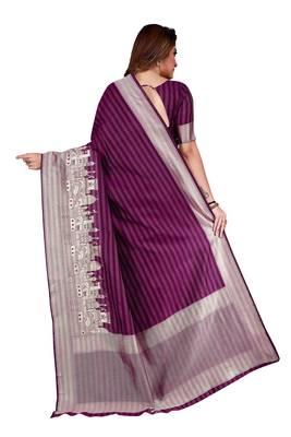 Purpel Woven Pure Silk Striped Designer Saree With Unstitched Blouse 3