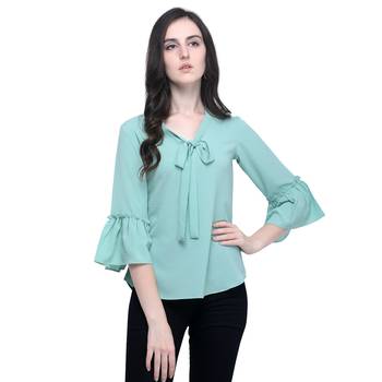 Women Turquoise Tie-up Neck Top with Ruffle Bell Sleeve 1
