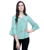 Women Turquoise Tie-up Neck Top with Ruffle Bell Sleeve