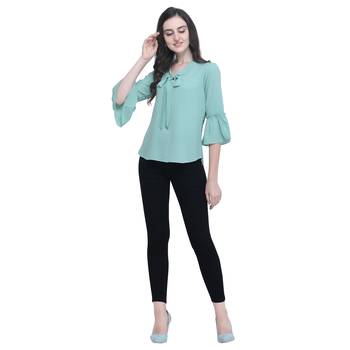 Women Turquoise Tie-up Neck Top with Ruffle Bell Sleeve 2