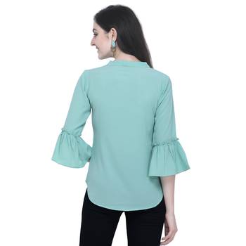 Women Turquoise Tie-up Neck Top with Ruffle Bell Sleeve 3