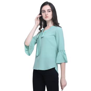 Women Turquoise Tie-up Neck Top with Ruffle Bell Sleeve 4
