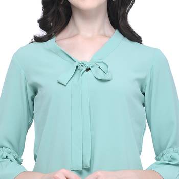 Women Turquoise Tie-up Neck Top with Ruffle Bell Sleeve 5