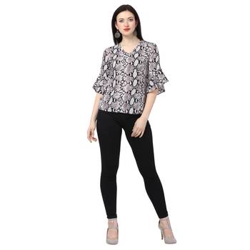 Fbell Women Snake Print Bell Sleeve Regular Top 3