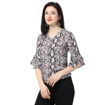 Fbell Women Snake Print Bell Sleeve Regular Top 4