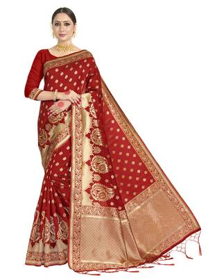 Red woven art silk saree with blouse 1