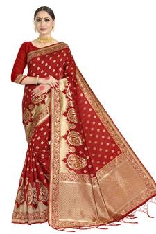 Red woven art silk saree with blouse