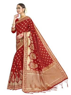Red woven art silk saree with blouse 2
