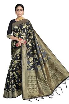 Black woven art silk saree with blouse