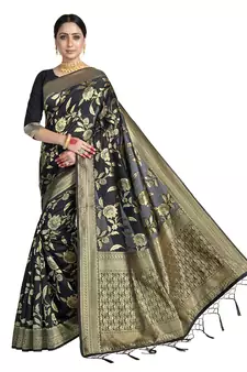 Black woven art silk saree with blouse