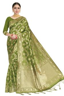 green woven art silk saree with blouse