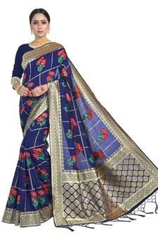 blue woven art silk saree with blouse