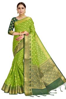Green woven art silk saree with blouse