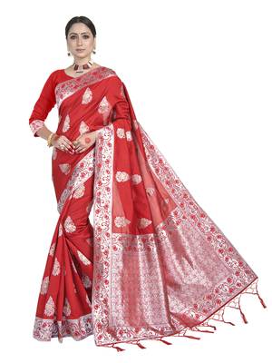 Red woven art silk saree with blouse 1
