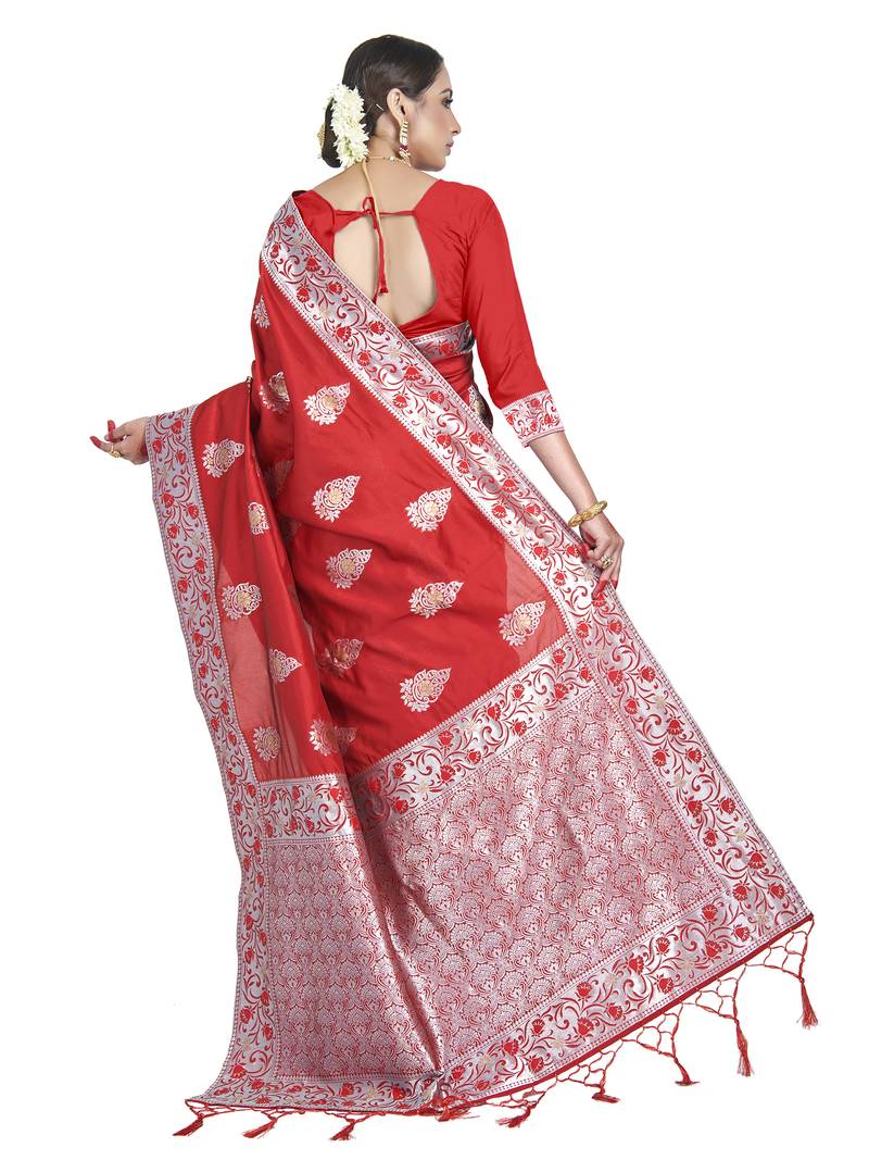 Red woven art silk saree with blouse