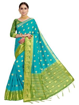 Blue woven art silk saree with blouse 1